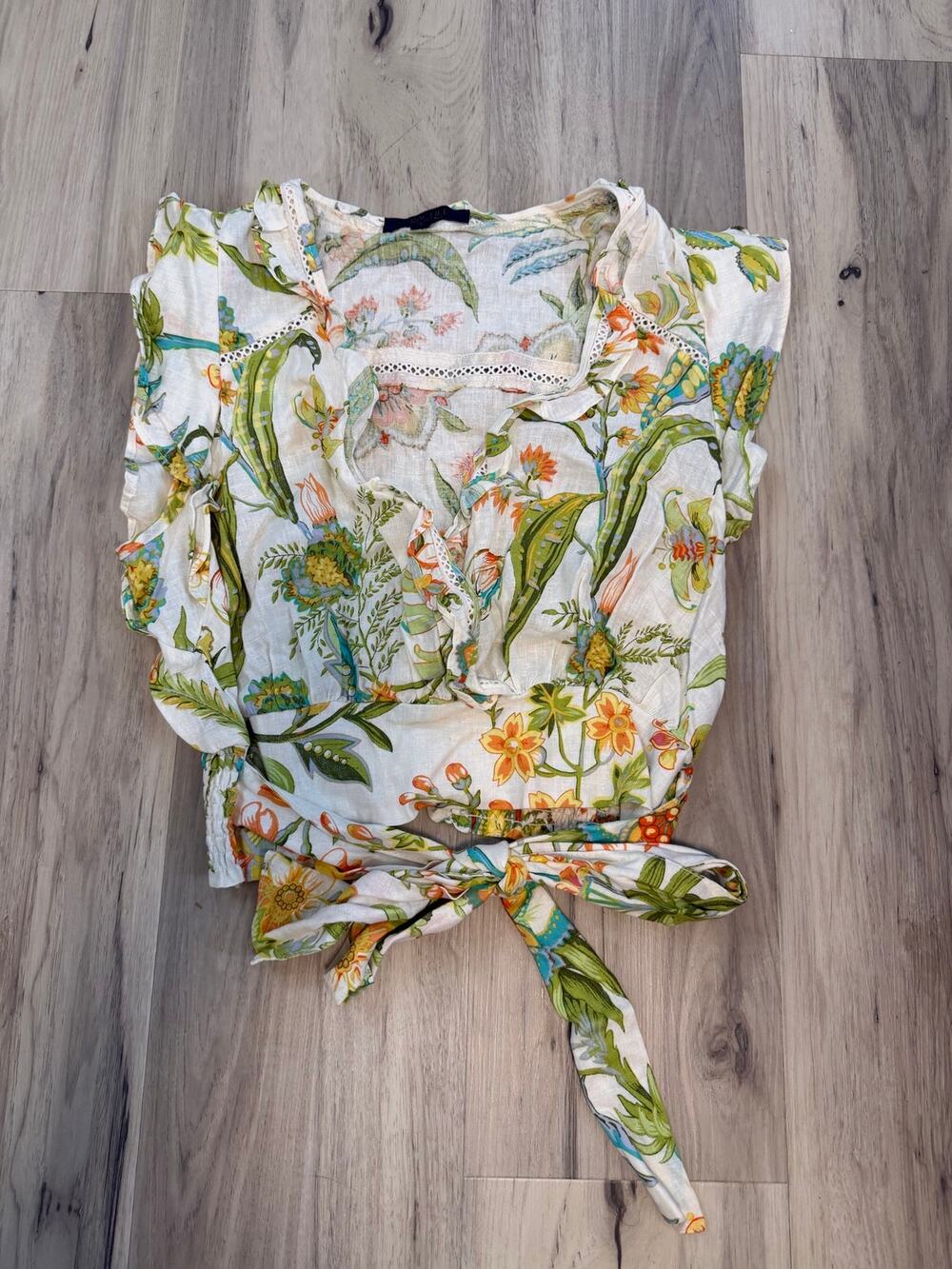 Women's Size Small Rachel Roy Linen Floral Cropped Wrap Blouse Bohemian Boho